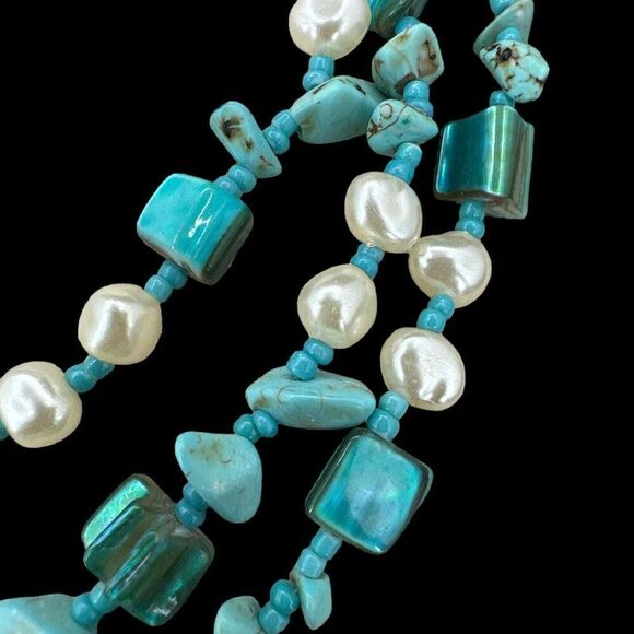 Triple Strands Beaded Necklace Faux Turquoise and Pearl Shell Silver Plated - Picture 2 of 6
